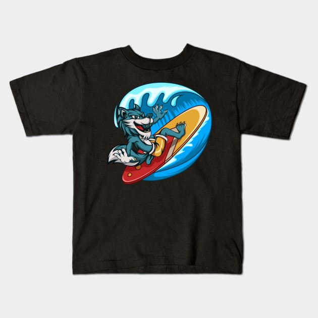 Surfing Wolf Kids T-Shirt by JagatKreasi
